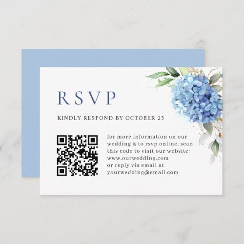 Elegant Watercolor Blue Hydrangea QR code Wedding RSVP Card