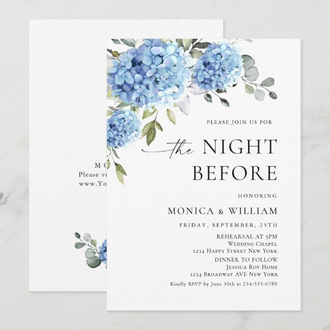 Elegant Watercolor Blue Hydrangea Rehearsal Dinner Invitation (Front/Back)