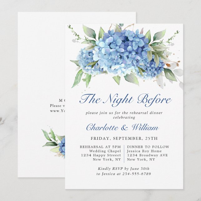 Elegant Watercolor Blue Hydrangea Rehearsal Dinner Invitation (Front/Back)