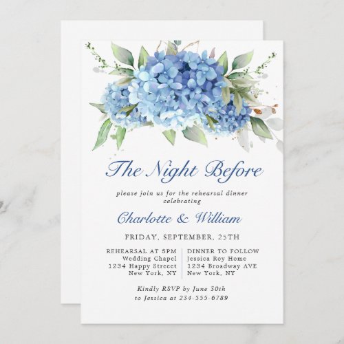 Elegant Watercolor Blue Hydrangea Rehearsal Dinner Invitation