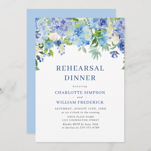 Elegant Watercolor Blue Hydrangea Rehearsal Dinner Invitation (Front/Back)