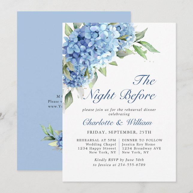 Elegant Watercolor Blue Hydrangea Rehearsal Dinner Invitation (Front/Back)