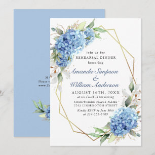 Elegant Watercolor Blue Hydrangea Rehearsal Dinner Invitation