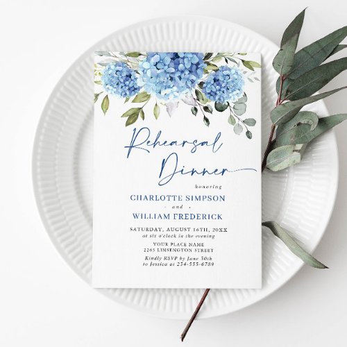 Elegant Watercolor Blue Hydrangea Rehearsal Dinner Invitation