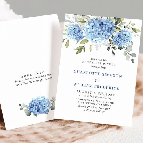 Elegant Watercolor Blue Hydrangea Rehearsal Dinner Invitation