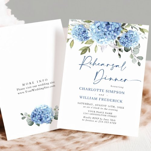 Elegant Watercolor Blue Hydrangea Rehearsal Dinner Invitation