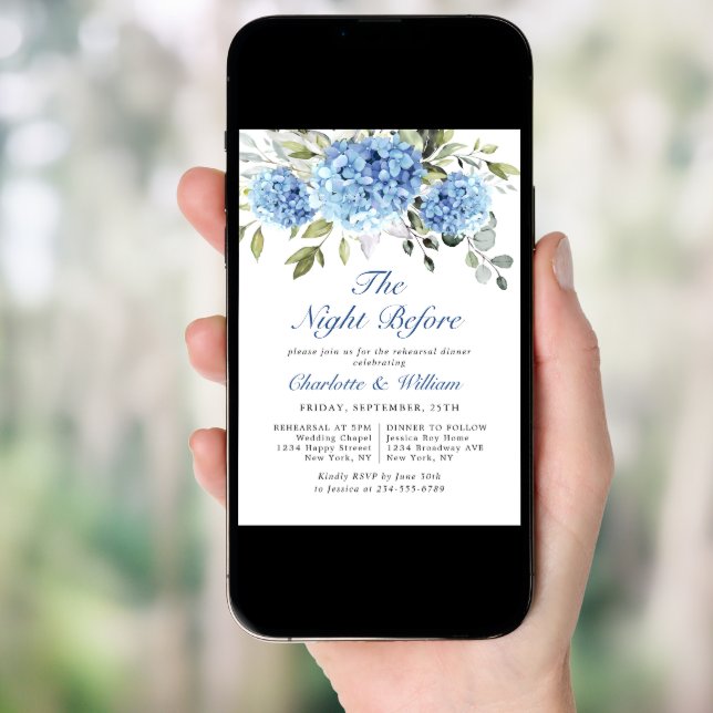 Elegant Watercolor Blue Hydrangea Rehearsal Dinner Invitation (Front Digital)