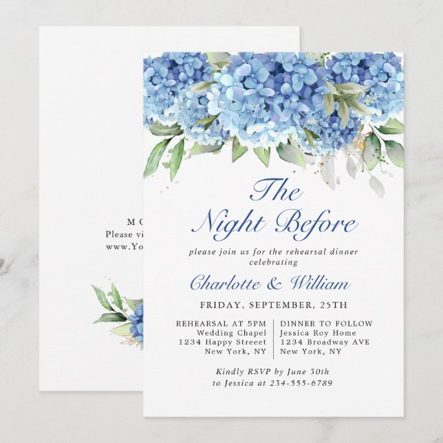 Elegant Watercolor Blue Hydrangea Rehearsal Dinner Invitation (Front/Back)