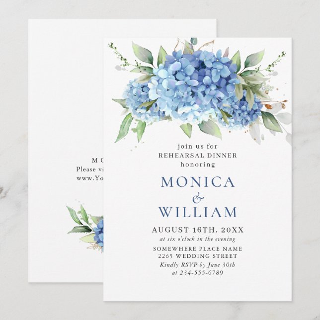 Elegant Watercolor Blue Hydrangea Rehearsal Dinner Invitation (Front/Back)