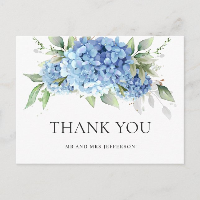 Elegant Watercolor Blue Hydrangea Simple Thank You Postcard (Front)