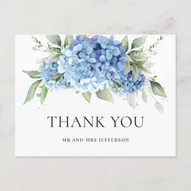 Elegant Watercolor Blue Hydrangea Simple Thank You Postcard | Zazzle
