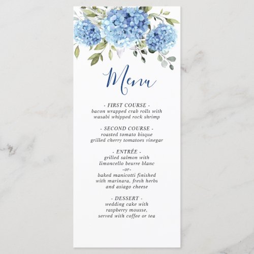 Elegant Watercolor Blue Hydrangea Wedding Menu
