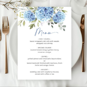 Elegant Watercolor Blue Hydrangea Wedding Menu