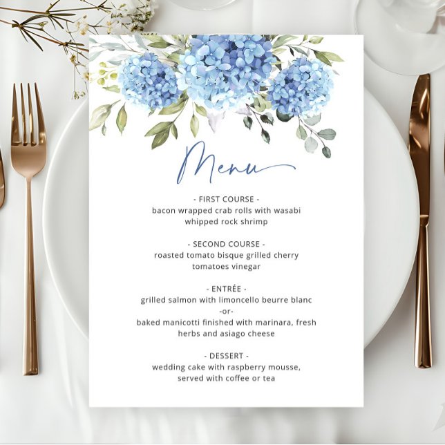 Elegant Watercolor Blue Hydrangea Wedding Menu (Creator Uploaded)