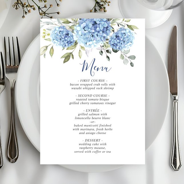 Elegant Watercolor Blue Hydrangea Wedding Menu (Creator Uploaded)