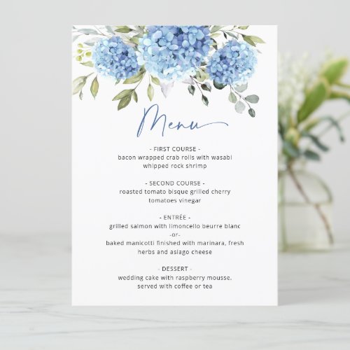 Elegant Watercolor Blue Hydrangea Wedding Menu