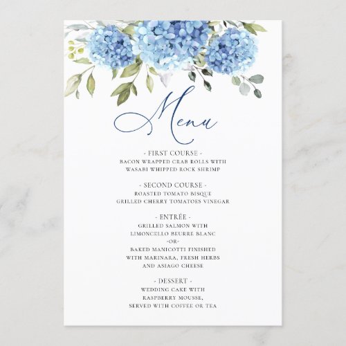 Elegant Watercolor Blue Hydrangea Wedding Menu