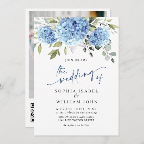Elegant Watercolor Blue Hydrangea Wedding QR code Invitation