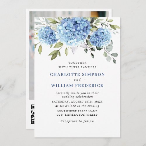 Elegant Watercolor Blue Hydrangea Wedding QR code Invitation