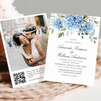 Elegant Watercolor Blue Hydrangea Wedding QR code Invitation
