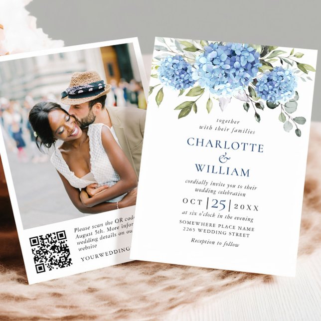 Elegant Watercolor Blue Hydrangea Wedding QR code Invitation (Creator Uploaded)
