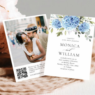 Elegant Watercolor Blue Hydrangea Wedding QR code Invitation