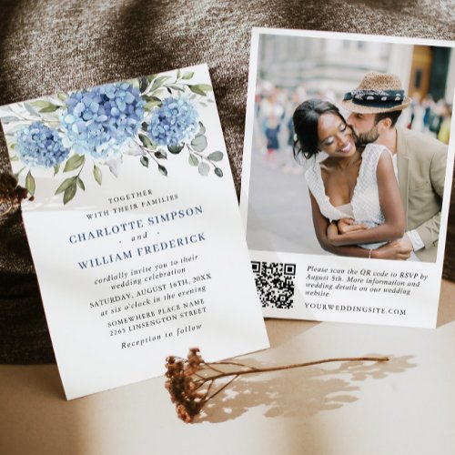 Elegant Watercolor Blue Hydrangea Wedding QR code Invitation