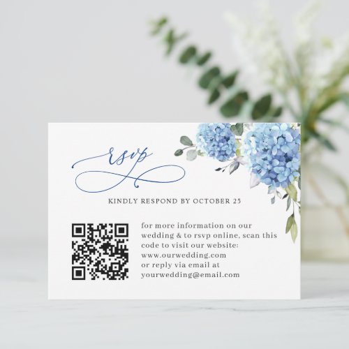 Elegant Watercolor Blue Hydrangea Wedding QR code RSVP Card