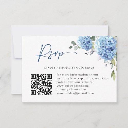 Elegant Watercolor Blue Hydrangea Wedding QR code RSVP Card