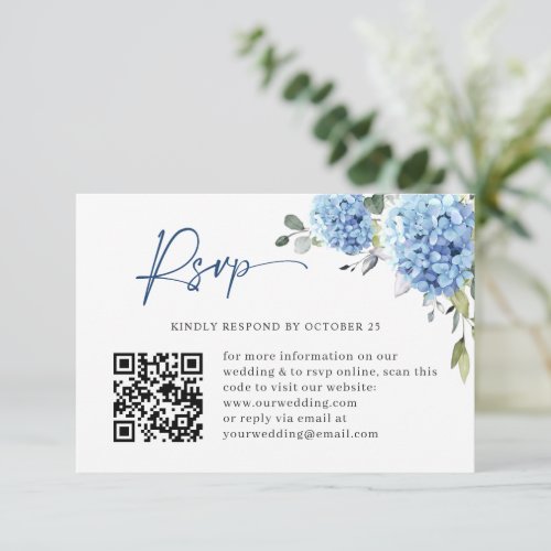 Elegant Watercolor Blue Hydrangea Wedding QR code RSVP Card