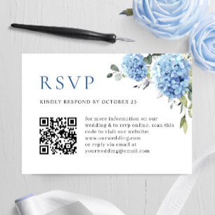 Elegant Watercolor Blue Hydrangea Wedding QR code RSVP Card