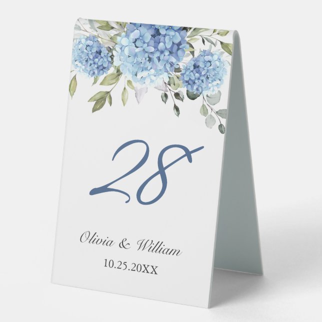 Elegant Watercolor Blue Hydrangea Wedding Table Tent (Front)