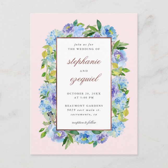 Elegant Watercolor Blue Hydrangeas Floral Wedding Invitation Postcard (Front)