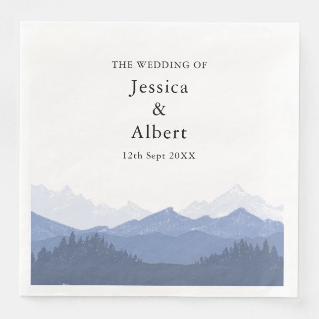 Elegant Watercolor Blue Mountain Wedding Party Paper Dinner Napkins (Front)