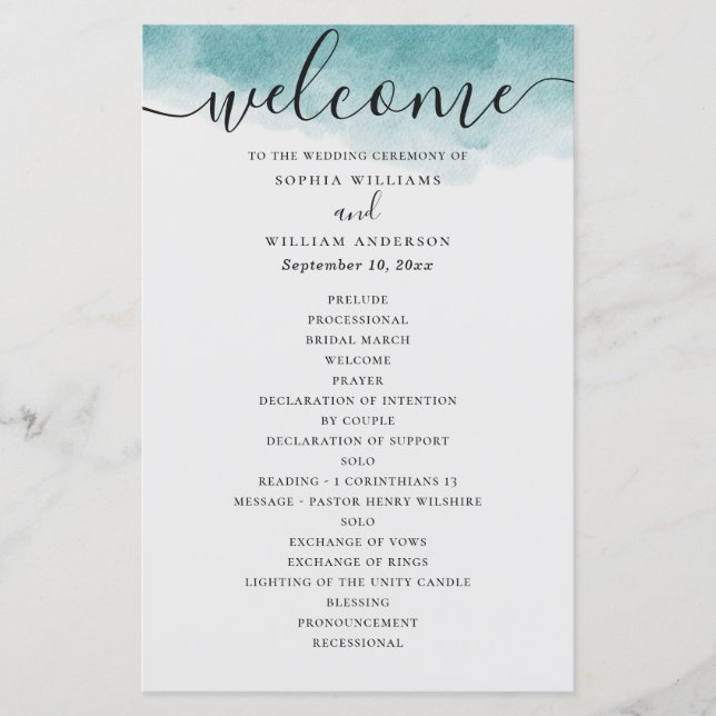 Elegant watercolor blue nautical wedding program (Front)