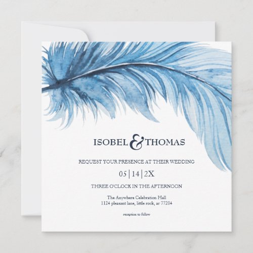 Elegant Watercolor Blue Navy Feather Wedding Invitation