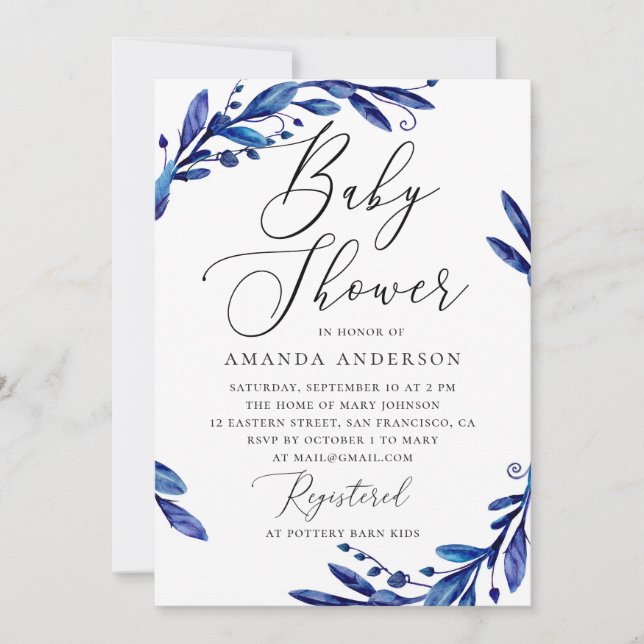 Elegant watercolor blue navy floral baby shower invitation (Front)