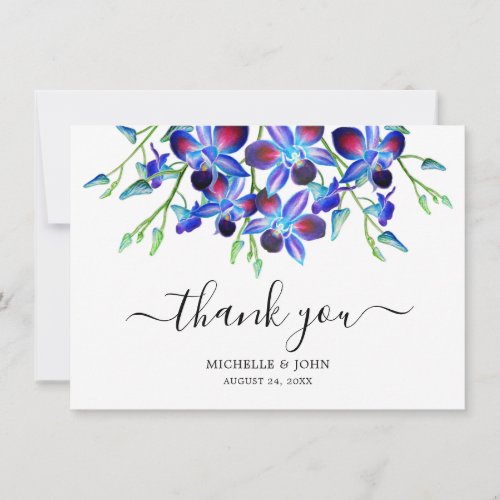 Elegant Watercolor Blue Orchid Name Script Wedding Thank You Card
