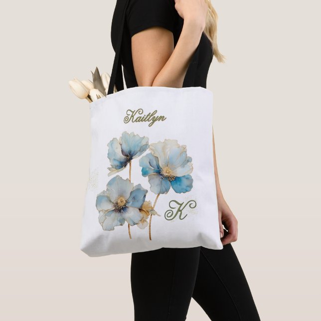 Elegant Watercolor Blue Poppies Monogram Name Tote Bag (Close Up)