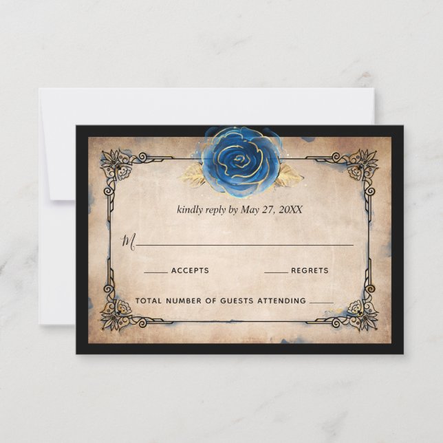 Elegant Watercolor Blue Rose Gold Rustic Wedding RSVP Card (Front)
