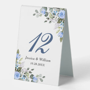 Elegant Watercolor Blue Roses Eucalyptus Greenery Table Tent