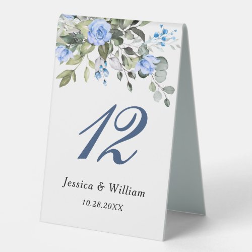 Elegant Watercolor Blue Roses Eucalyptus Greenery  Table Tent Sign