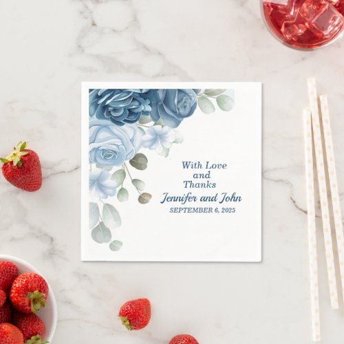 Elegant Watercolor Blue Roses Floral Wedding Napkins