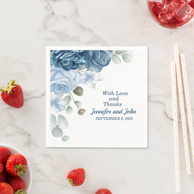 Elegant Watercolor Blue Roses Floral Wedding Napkins (Insitu)