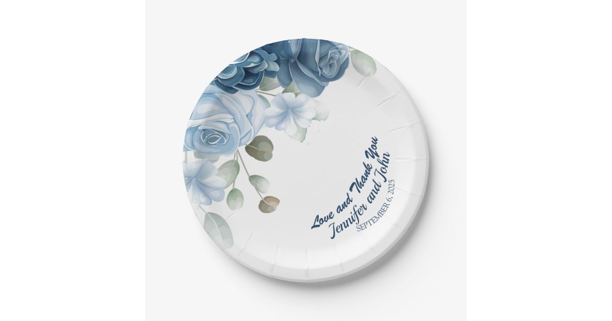 Elegant Watercolor Blue Roses Floral Wedding Paper Plates | Zazzle