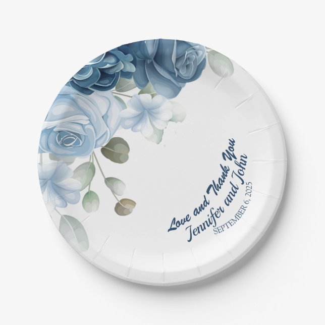 Elegant Watercolor Blue Roses Floral Wedding Paper Plates (Front)