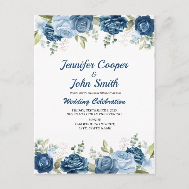 Elegant Watercolor Blue Roses Floral Wedding Postcard (Front)