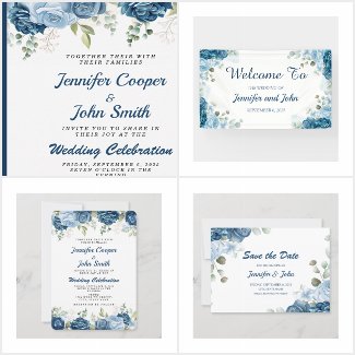 Elegant Watercolor Blue Roses Floral Wedding Suite