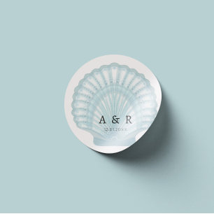 Elegant Watercolor Blue Shell Wedding Classic Round Sticker