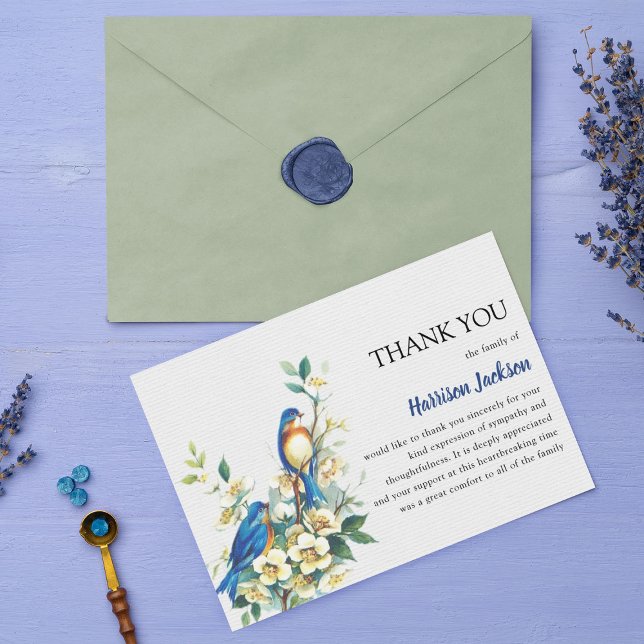 Elegant Watercolor Blue Tit & Blossom Funeral Thank You Card (Creator Uploaded)